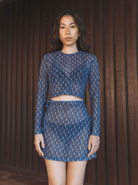 TROPICAL OPULENCE Andalusia Mesh Long Sleeve Top and Wrap Skirt Co Ord Beachwear Set in Navy Blue - Pink N' Proper