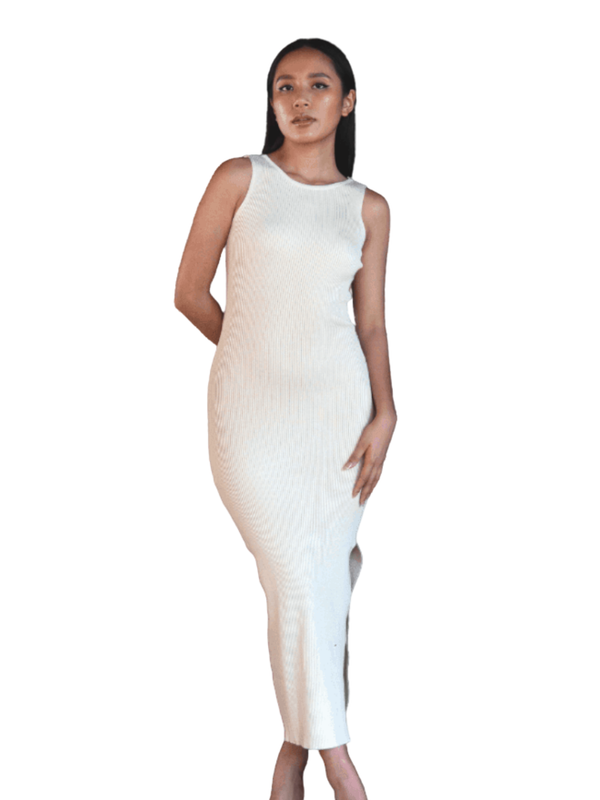 Alina Ribbed Reversible cut out Bodycon Dress with Slit in Beige