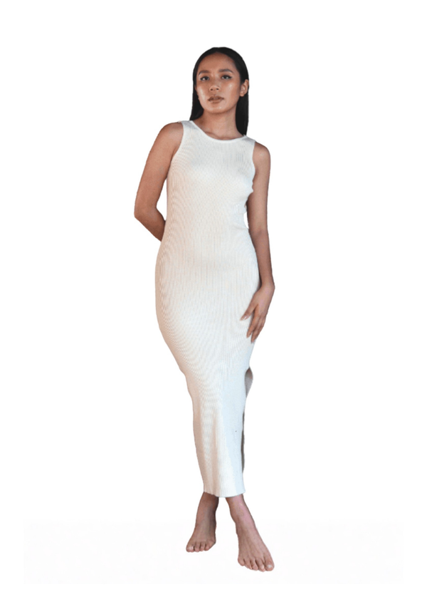 Alina Ribbed Reversible cut out Bodycon Dress with Slit in Beige