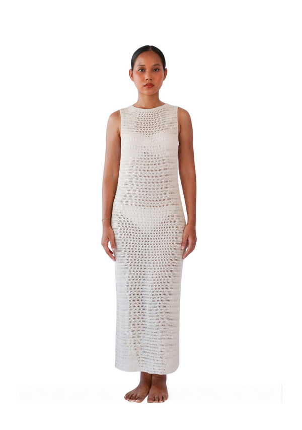 Alisa Crochet Midi Dress in Beige