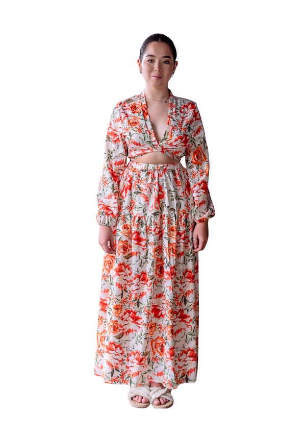 Anastasia Floral Long Sleeve Crop Top Elasticated Band Skirt with Slit  Co Ord Set in Orange Red