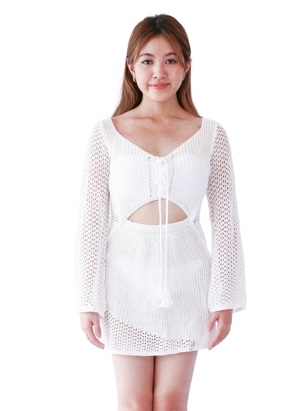 Andrea Crochet Long Sleeve Cut Out Mini Dress in White