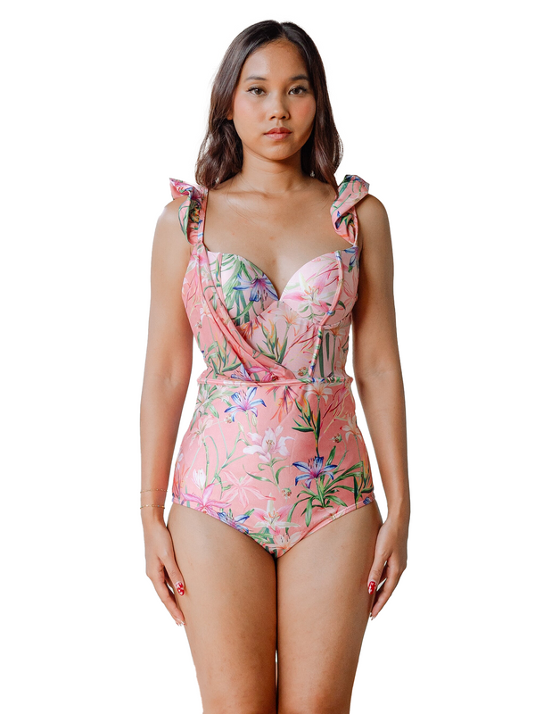 OPULENCE ETHEREAL Antoinette Underwire Push Up Ruffled Sleeve Swimsuit in Pink