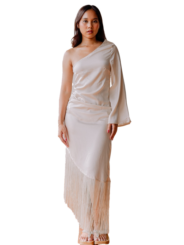 Araceli Satin Toga Fringe Trimmed Dress in Cream White