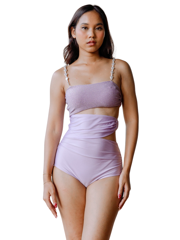 OPULENCE ETHEREAL Ariel Shimmer Cut Out Monokini with Pearl Embellished Straps in Lilac Purple