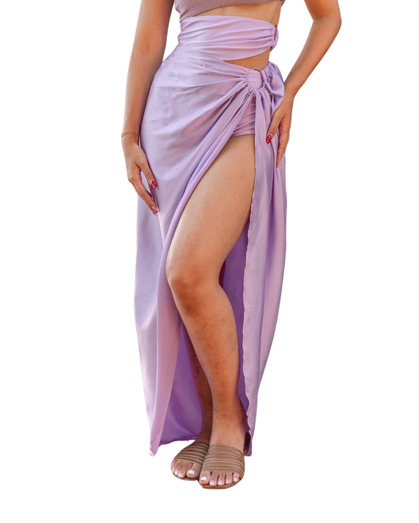 OPULENCE ETHEREAL Ariel Satin Skirt with Slit in Lilac Purple