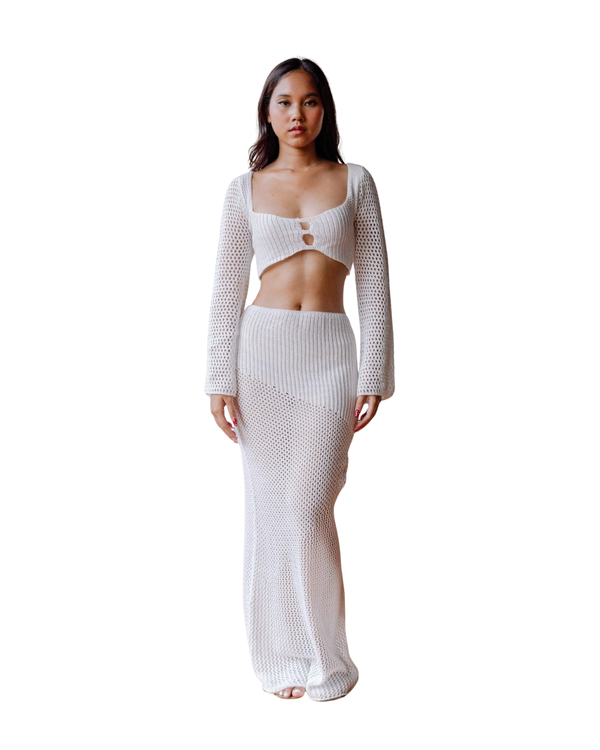 Arwen Crochet Long Sleeve Crop Top in White
