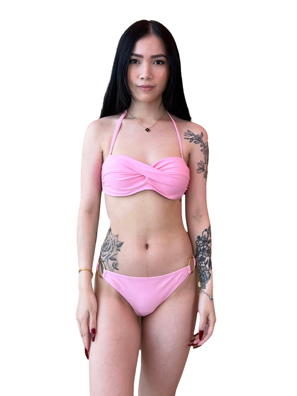 Basic Bandeau Push Up Underwire Bikini Set in Baby Pink