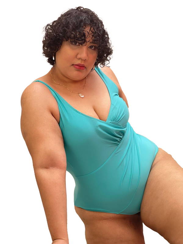 Basic Deep V Bareback Shaping Swimsuit in Mint (Plus Size Available)