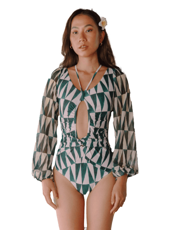TROPICAL OPULENCE Bora Mesh Long Sleeve Cut Out Swimsuit in Emerald Green (Plus Size Available)