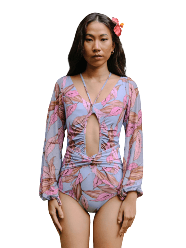 TROPICAL OPULENCE Bora Mesh Long Sleeve Cut Out Swimsuit in Blue Grey (Plus Size Available)