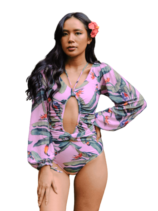 TROPICAL OPULENCE Bora Mesh Long Sleeve Cut Out Swimsuit in Pink (Plus Size Available)