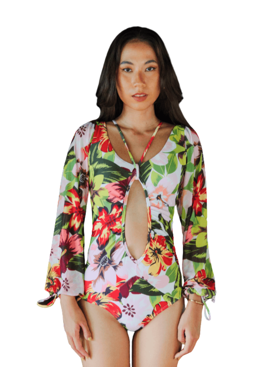 Pink N' Proper - TROPICAL OPULENCE Bora Mesh Long Sleeve Cut Out Swimsuit in White / Red (Plus Size Available) - Women Stylish Beachwear Swimwear Bikini Malaysia