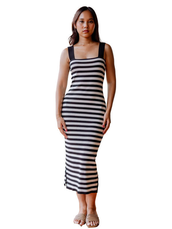 Brigitte Knitted Nautical Midi Dress in Black White