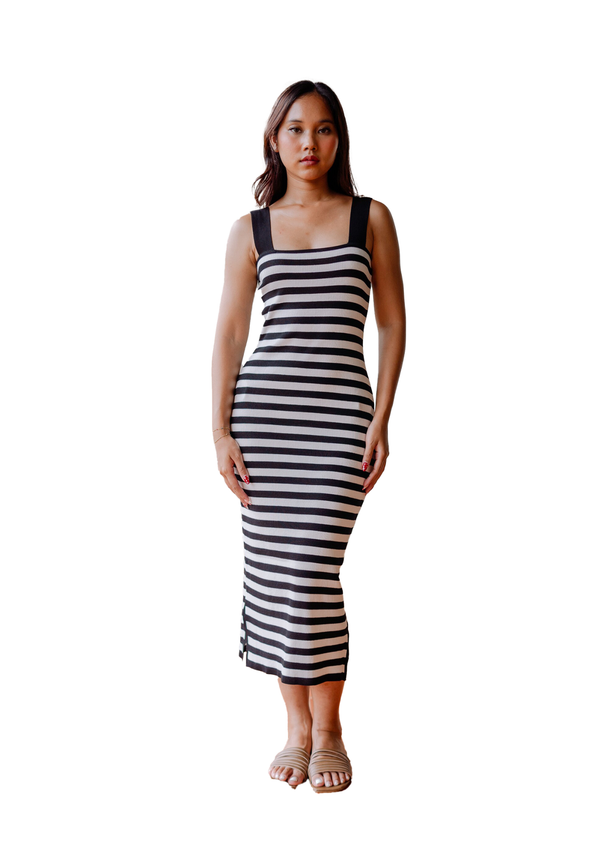 Brigitte Knitted Nautical Midi Dress in Black White