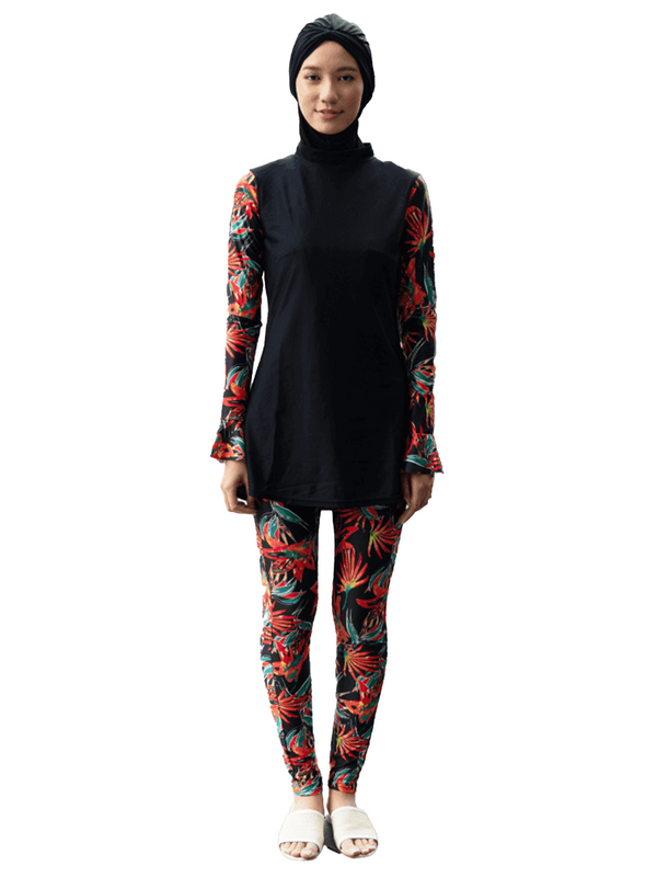 Modernly Modest Bunga Tropical Muslimah Bell Sleeve Swimwear Set in Black / Red (Plus Size Available)