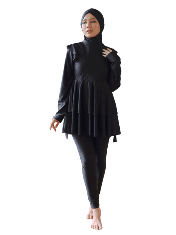Modernly Modest Dayang Peplum Muslimah Swimwear Set in Black (Plus Sizes Available)