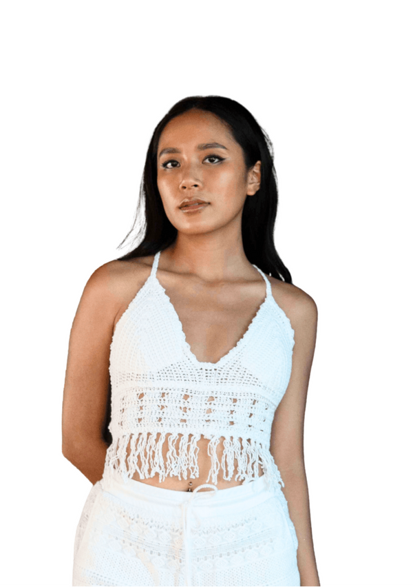Delilah Fringe Hem Crochet Adjustable Bikini Top in White