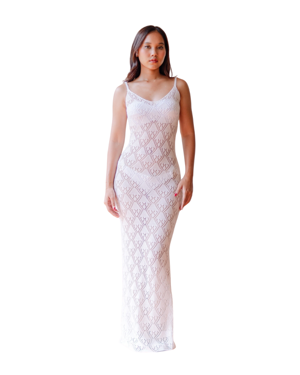 Demi Crochet-Look Spaghetti Strap Maxi Dress in White
