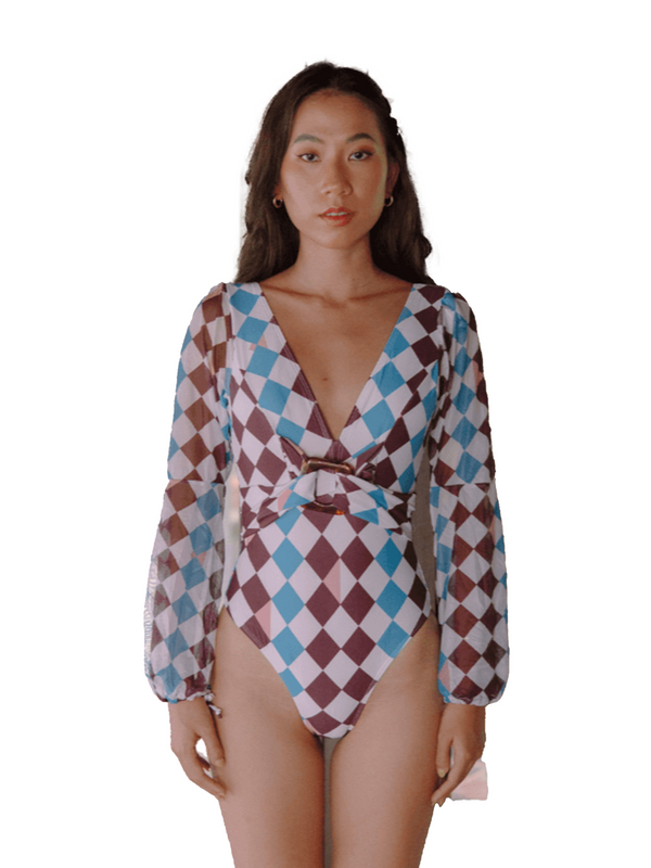TROPICAL OPULENCE Dune Plunge Mesh Long Sleeve Bare Back with Resin Buckle Swimsuit in Blue White (Plus Size Available)