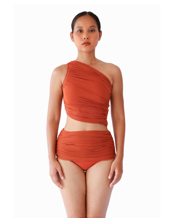 OPULENCE ELYSIUM Elara Mesh Toga High-Waist Bikini Set in Terracotta Brown