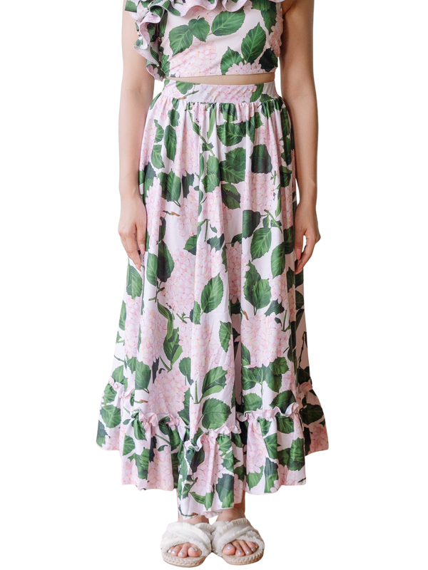 OPULENCE ETHEREAL Hydrangea Banded Midi Skirt with Ruffle Hem in Pink
