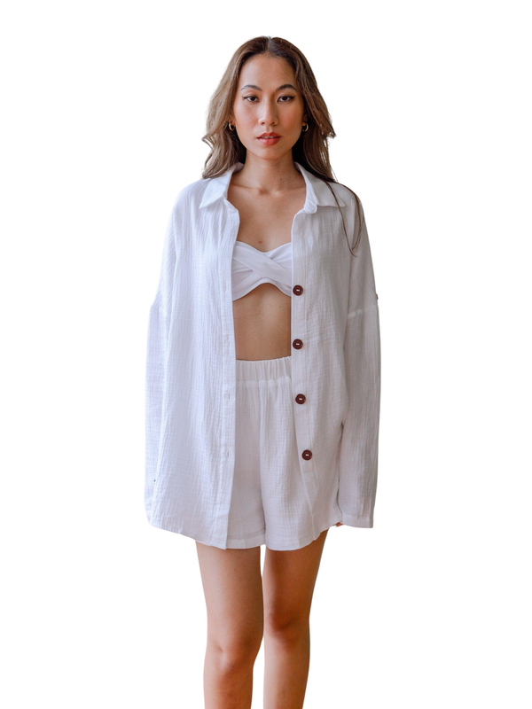 Madison Long Sleeve Button Up Shorts 2 piece Coord Set in White