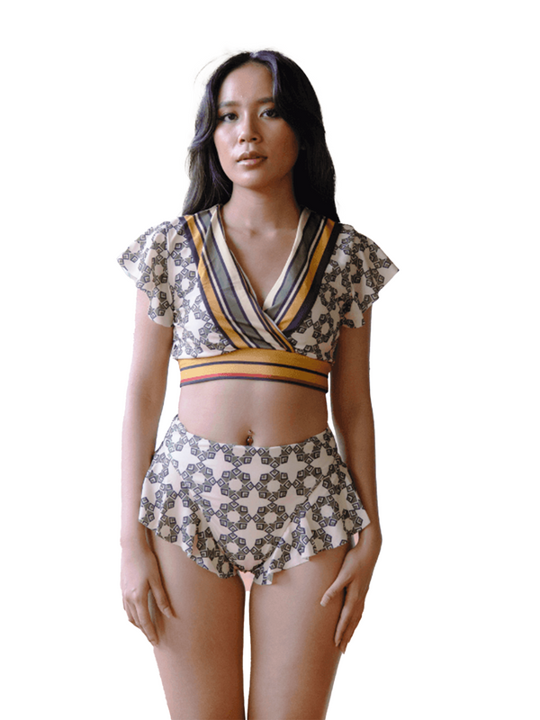 TROPICAL OPULENCE Malaga V Neck Frill Sleeve High Waist Bikini Set in Green / Cream