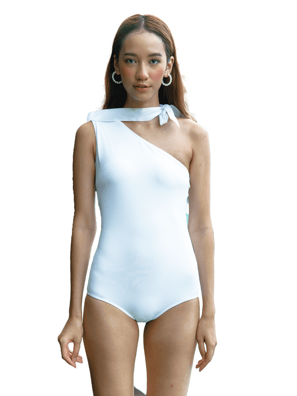 Marilyn One Shoulder Toga Swimsuit  with Ribbon in White