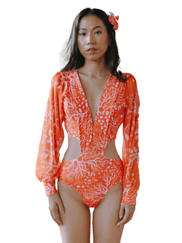 TROPICAL OPULENCE Playa Plunge Cut Out Mesh Long Sleeve Coral Print Swimsuit in Orange (Plus Size Available)
