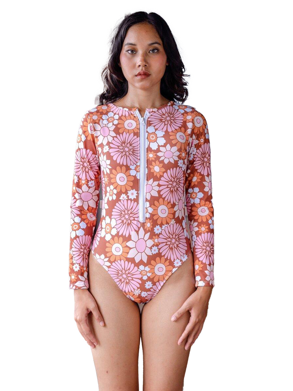Summer Tropical Long Sleeve Rash Guard Zip Up Swimwear Set in Brown