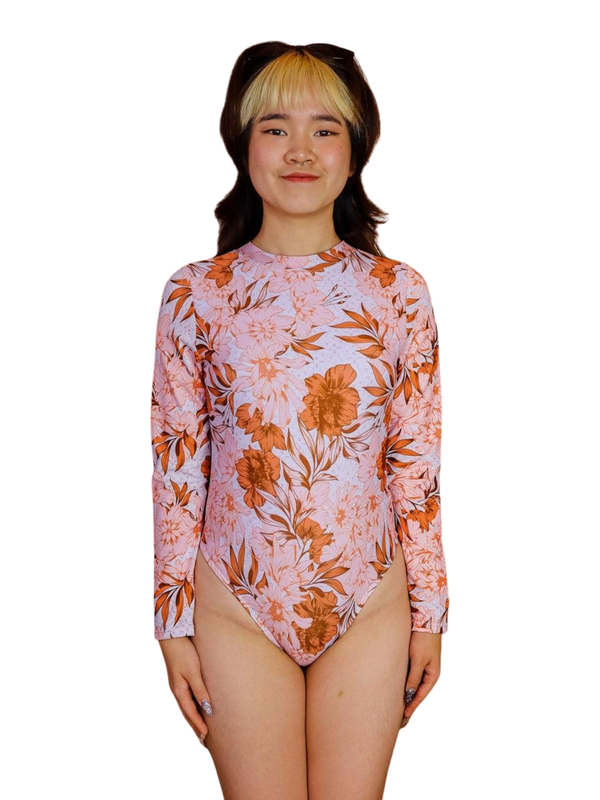 Sunny Tropical Long Sleeve Rash Guard Zip Up Back Swimwear Set in Brown