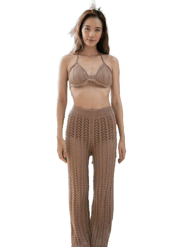 Tanya Crochet Bikini Long Pants Co Ord Set in Sand Brown