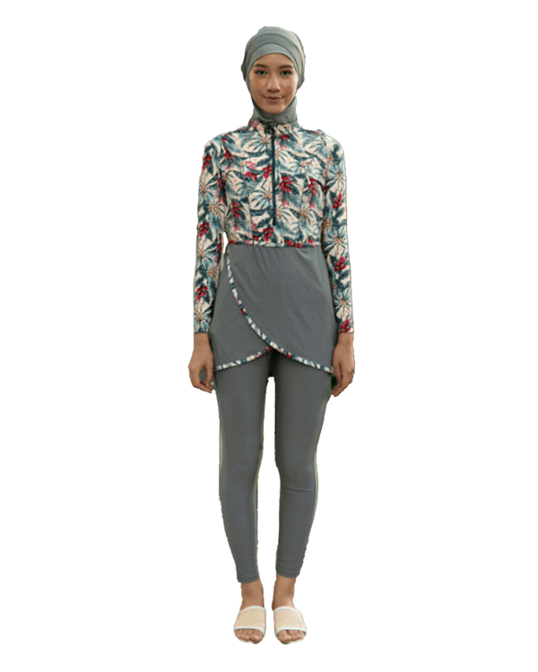 Modernly Modest Raya Tropical Muslimah Swimwear Set in Grey (Plus Size Available)