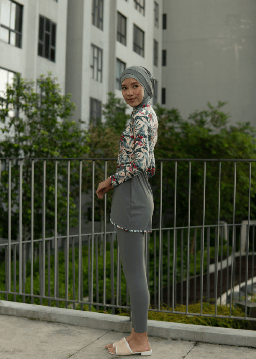 Modernly Modest Raya Tropical Muslimah Swimwear Set in Grey (Plus Size Available) - Pink N' Proper