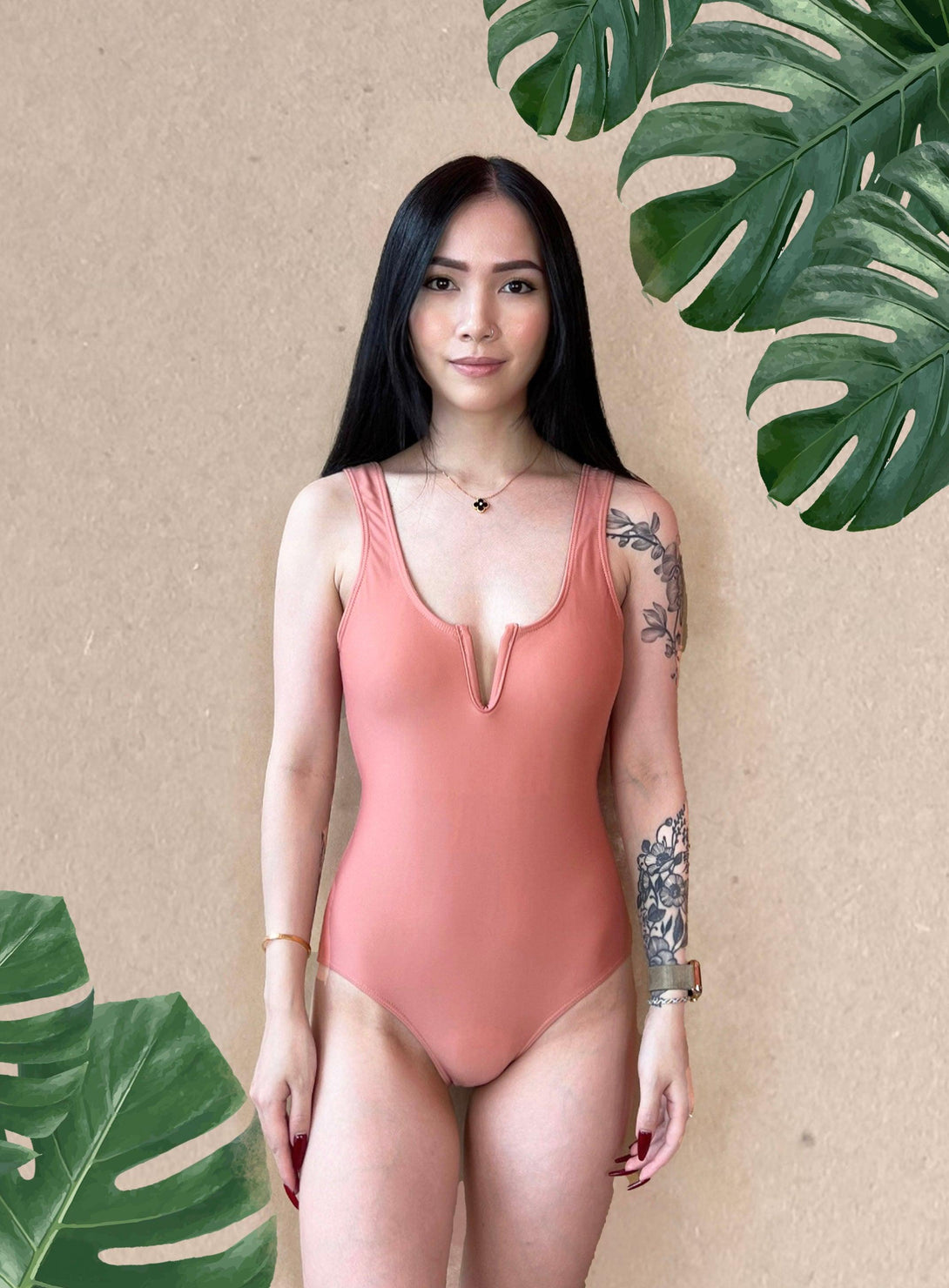 Basic V Front Bareback Swimsuit in Salmon Pink - Pink N' Proper