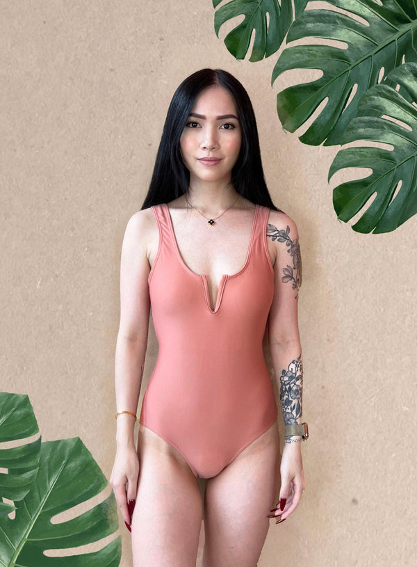 Basic V Front Bareback Swimsuit in Salmon Pink - Pink N' Proper