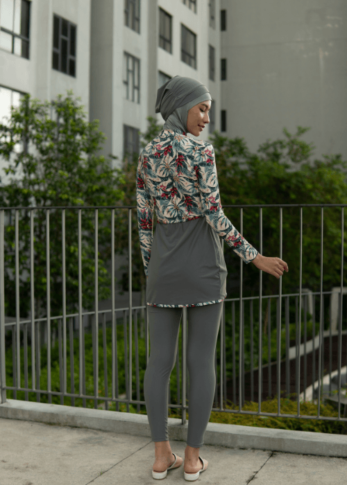 Modernly Modest Raya Tropical Muslimah Swimwear Set in Grey (Plus Size Available) - Pink N' Proper
