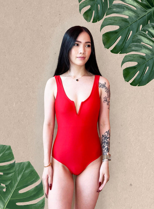 Basic V Front Bareback Swimsuit in Red - Pink N' Proper