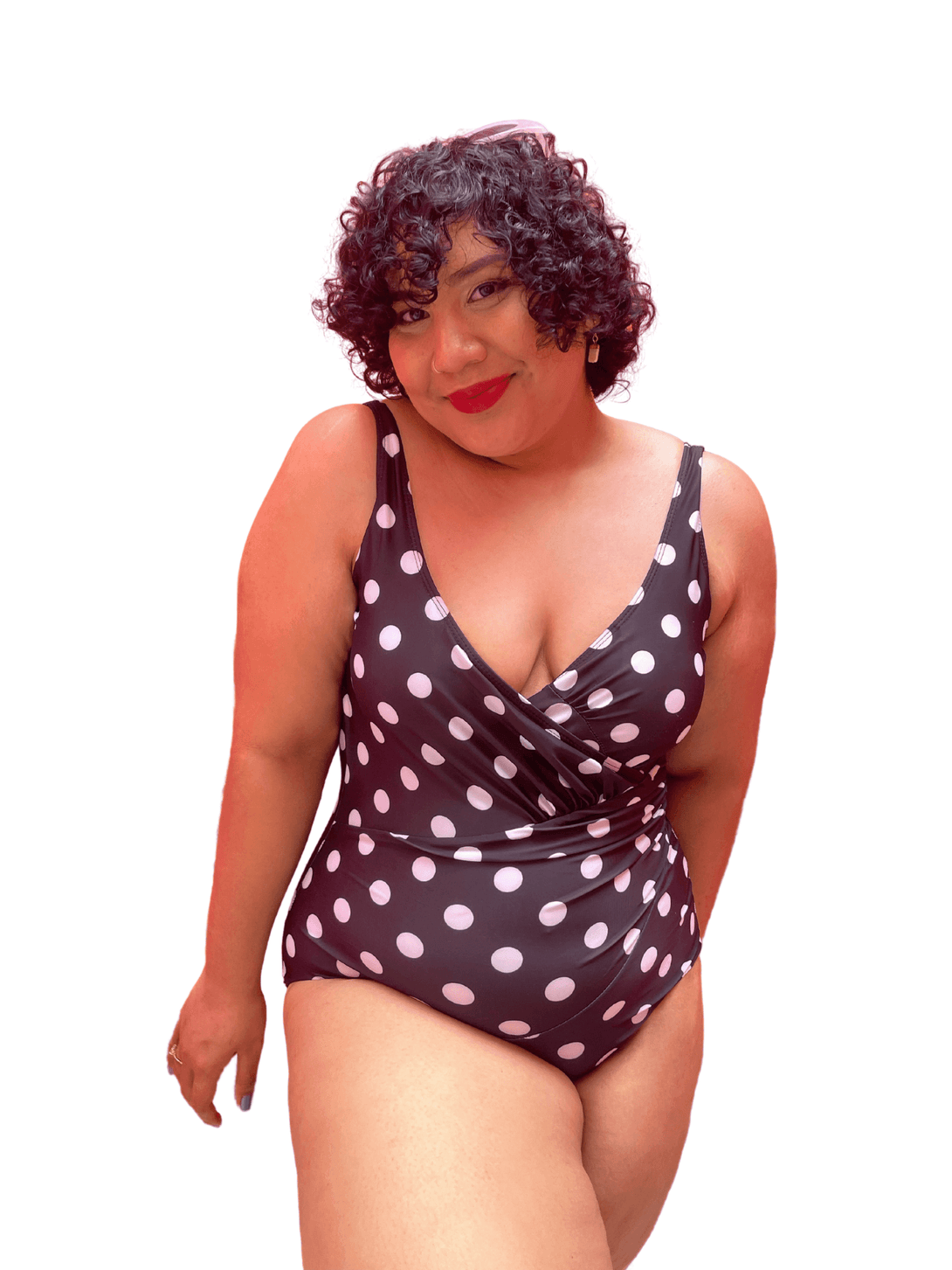 Basic Deep V Bareback Shaping Swimsuit in Black Polka (Plus Size Available) - Pink N' Proper