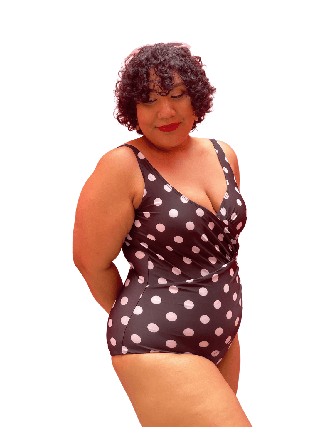 Basic Deep V Bareback Shaping Swimsuit in Black Polka (Plus Size Available) - Pink N' Proper