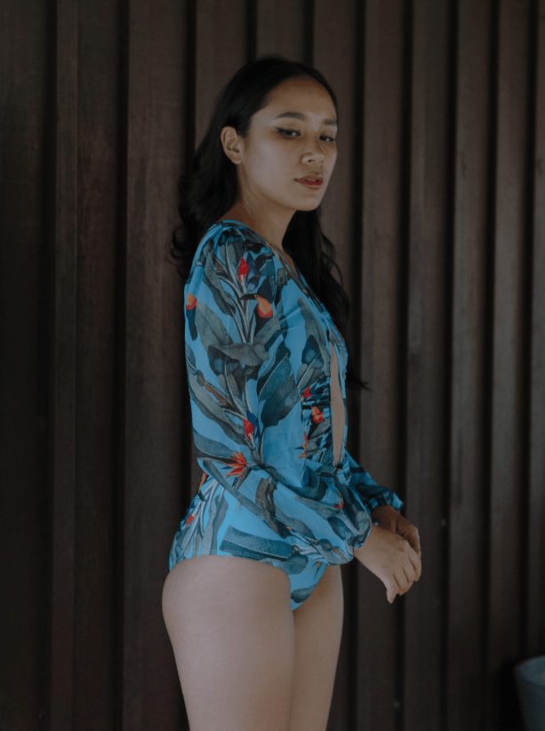 TROPICAL OPULENCE Bora Mesh Long Sleeve Cut Out Swimsuit in Blue - Pink N' Proper