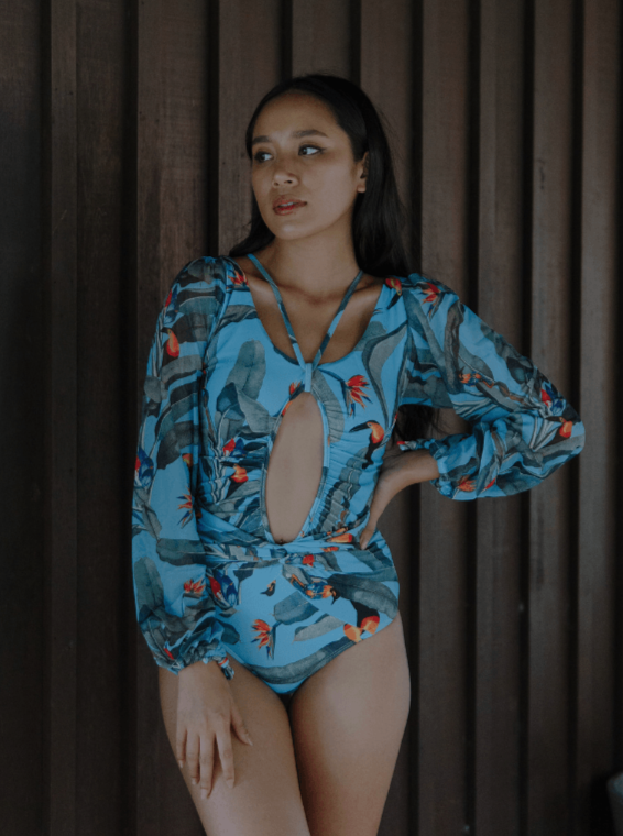 TROPICAL OPULENCE Bora Mesh Long Sleeve Cut Out Swimsuit in Blue - Pink N' Proper