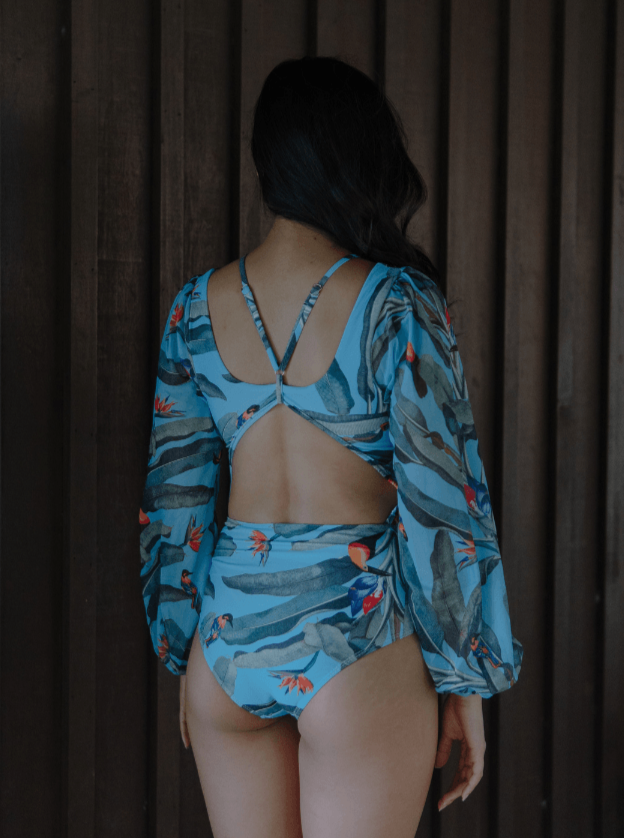 TROPICAL OPULENCE Bora Mesh Long Sleeve Cut Out Swimsuit in Blue - Pink N' Proper