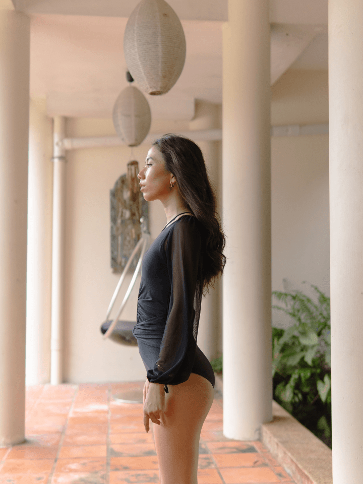 TROPICAL OPULENCE Bora Mesh Long Sleeve Cut Out Swimsuit in Black - Pink N' Proper