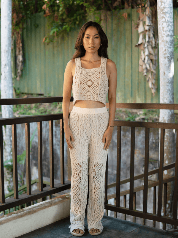 Omnia Crochet Long Pants Beach Co Ord Set in Beige - Pink N' Proper