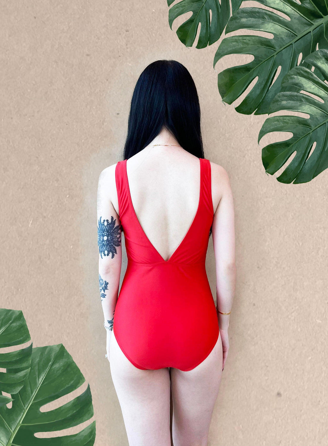 Basic V Front Bareback Swimsuit in Red - Pink N' Proper