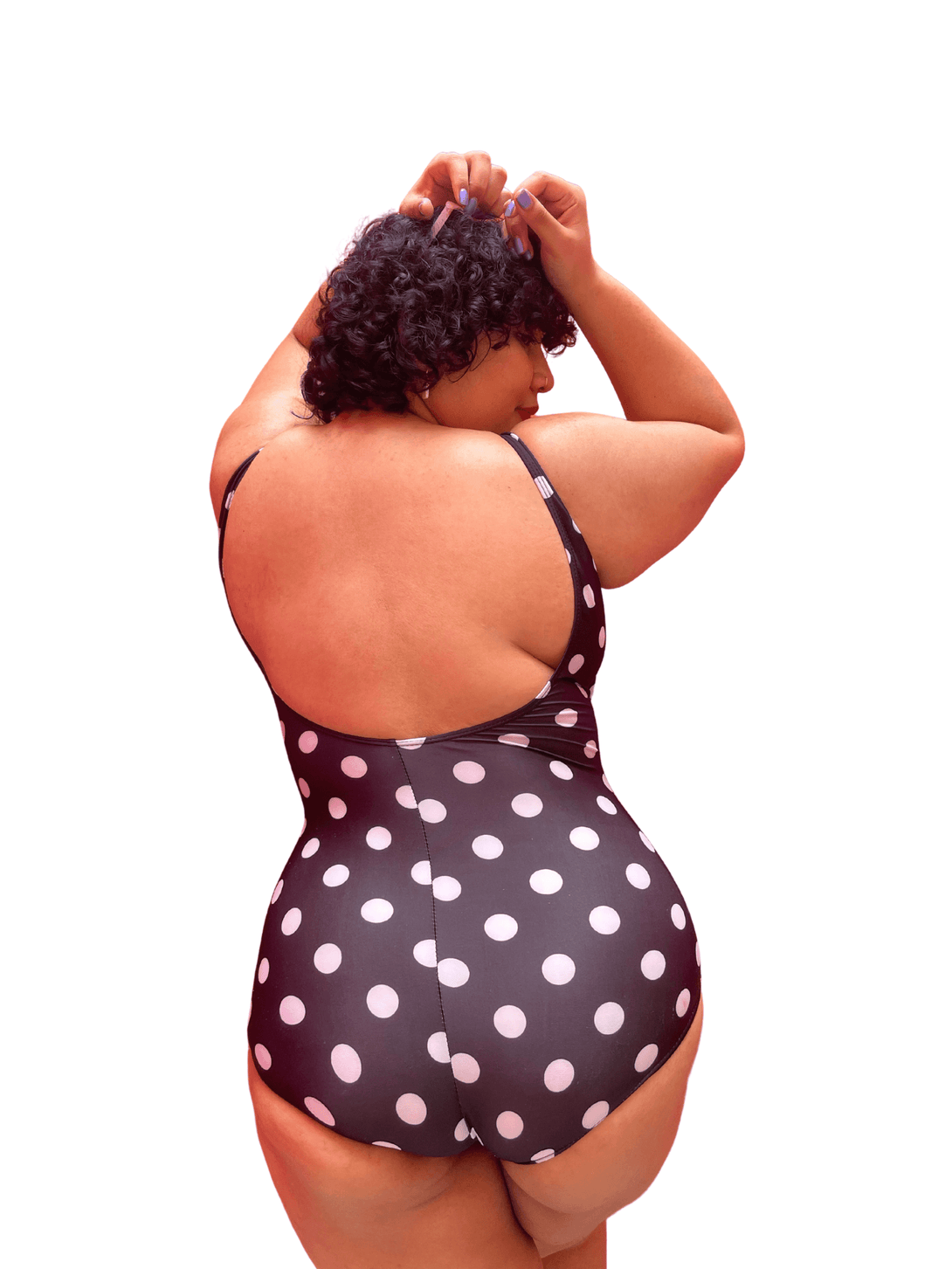 Basic Deep V Bareback Shaping Swimsuit in Black Polka (Plus Size Available) - Pink N' Proper
