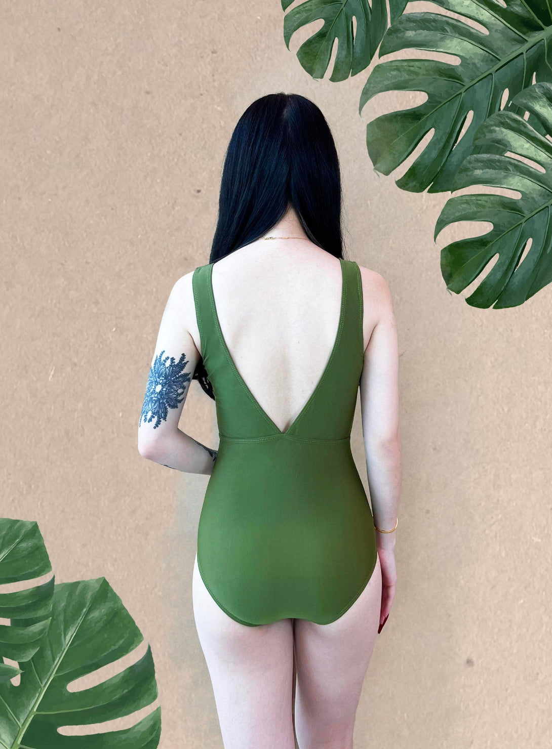 Basic V Front Bareback Swimsuit in Olive Green - Pink N' Proper