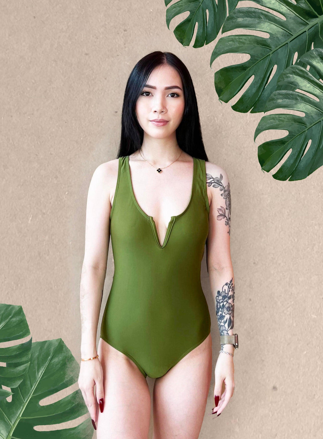 Basic V Front Bareback Swimsuit in Olive Green - Pink N' Proper